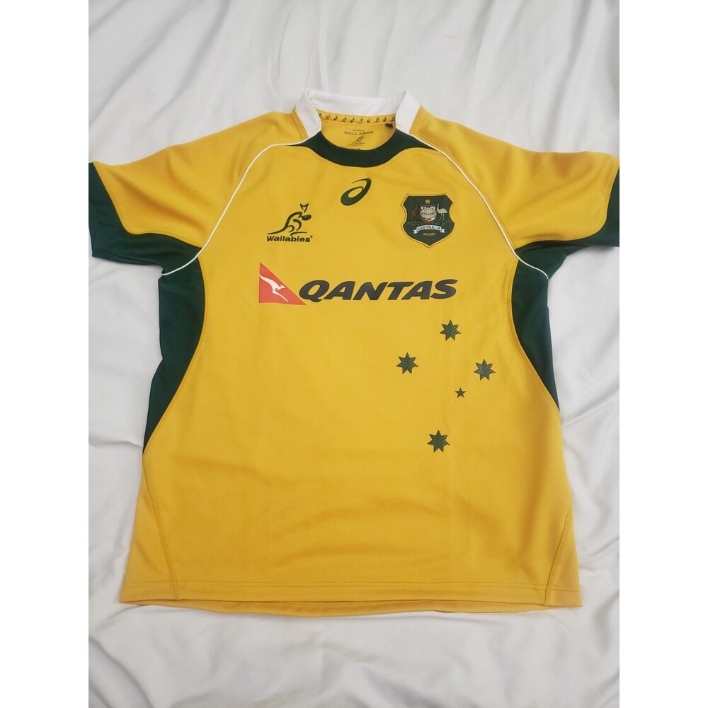 Asics Qantas Wallabies Rugby Jersey Mens Large Yellow Green Shirt 2016